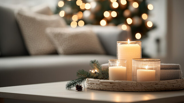 Christmas candles glow warmly on cozy table with pine branch and soft blanket in living room with festive bokeh lights