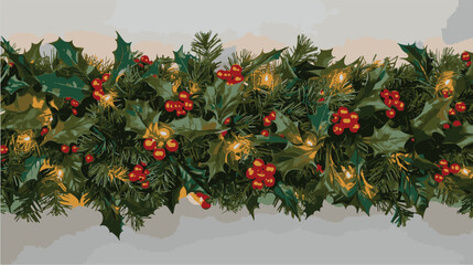 Seamless holiday decorations. Christmas tree centerpiece with holly berries. Festive frame isolated on white. Celebration vector background.