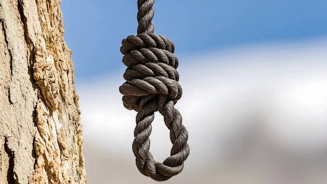 Ominous noose knot hangs from textured tree trunk against blue sky.