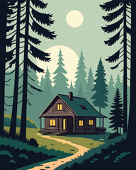 Cabin in forest under moonlight, peaceful woodland scene