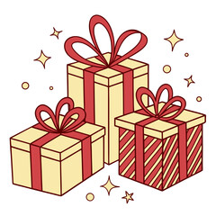 Three festive gift boxes with red ribbons and sparkles