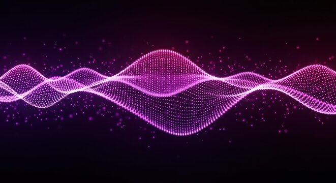 Vibrant pulsating digital wave of glowing particles, representing data flow and futuristic technology in a dark abstract background