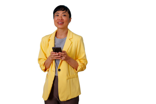 Asian woman using smartphone, smiling and looking up, communicating with technology, transparent background