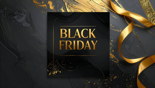 Elegant Black Friday lettering promotion template. Luxury golden text on an abstract black textured background with gold paint splatters and ribbon. Ideal for holiday sales and marketing.