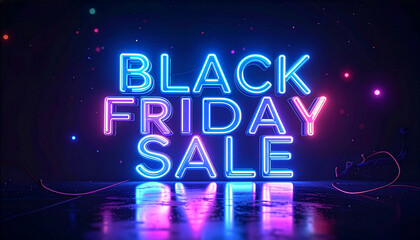 Black Friday Sale neon letterings glowing with vibrant blue and pink lights on a dark background. Futuristic and modern design template for commercial promotion, advertising, and retail events.