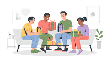 Gift Exchange Gathering: Friends exchange colorful presents while gathering together on a comfortable sofa, the essence of togetherness, celebration and joyful moments.