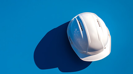 A top-down view of a white hard hat casts a sharp shadow against a vibrant blue backdrop. The minimalist composition highlights the object’s form and the interplay of light and shade.