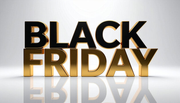 Elegant 3D Black Friday lettering in black and gold on a reflective white background. Perfect for promotional campaigns, advertising banners, sale templates, and Cyber Monday event announcements.