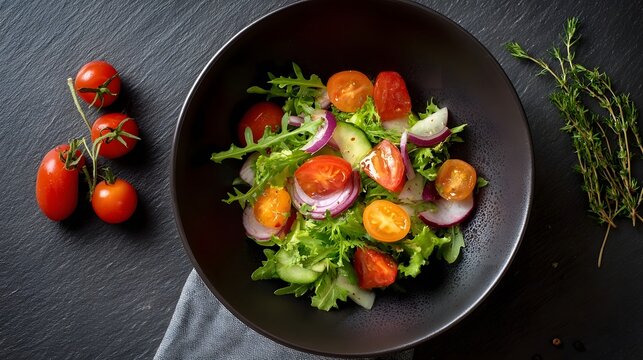 A vibrant salad with cherry tomatoes red onion cucumber and fresh greens in a dark bowl on a slate surface garnished with herbs - Powered by Adobe