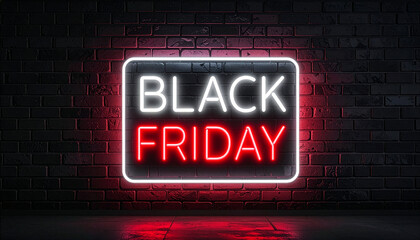 Black Friday sale promotion with glowing red and white neon lettering sign on a dark brick wall background. Perfect for advertising, retail discounts, special offers, and Cyber Monday templates.