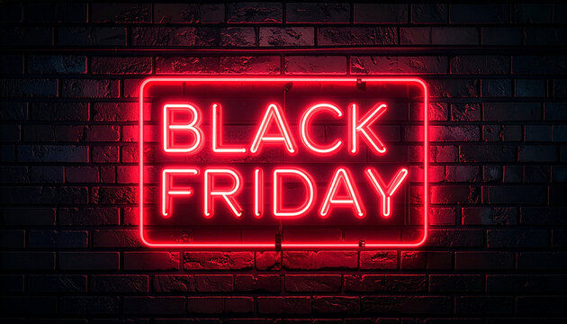 Red neon Black Friday lettering sign glowing on a dark brick wall. Concept for sales, promotions, and retail advertising. Modern design template for commercial events and special discounts.