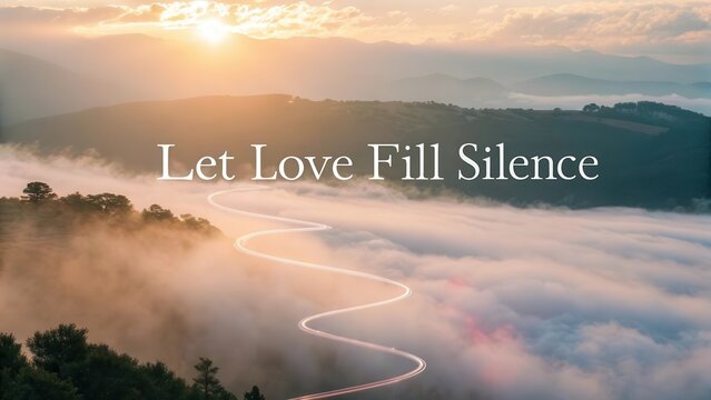 A luminous path winding through mist and mountains at sunrise