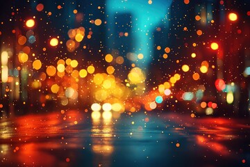 Magical rainy night city street with glowing bokeh lights and reflections on wet asphalt Generative AI