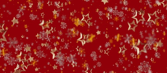Christmas background with golden stars and snowflakes on a vibrant red backdrop. Perfect for holiday design, greetings and festive co © vegefox.com