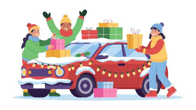 Christmas Gift Haul: A cheerful trio loads vibrant gifts onto a festively decorated car, embracing the spirit of the season. The scene radiates joy and anticipation.