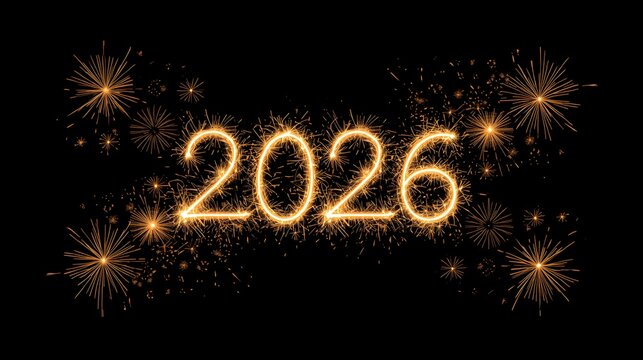 Bright golden sparkler numbers 2026 illuminating the night sky with festive fireworks bursting around the year