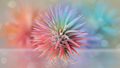 Obraz premium A Vibrant Succulent Plant with Rainbow Hues and Glitter Accents Sits Center Frame Against a Soft Bokeh Background of Orange Blue and Pink Hues