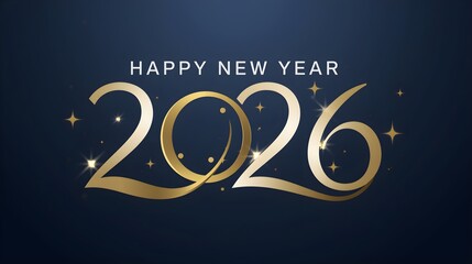 Elegant golden 2026 happy new year text with sparkling stars on a dark blue gradient background celebrating the upcoming year