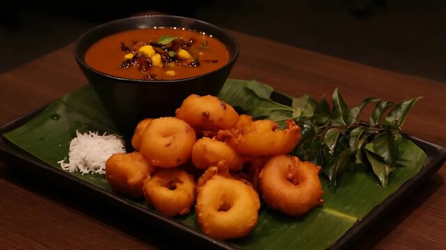 Delicious South Indian Vada and Sambar Platter on Banana Leaf.