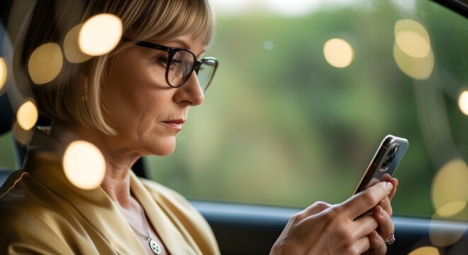 Focused woman in glasses checking her smartphone while sitting inside a car, illuminated by bokeh lights, communicating digitally on the go