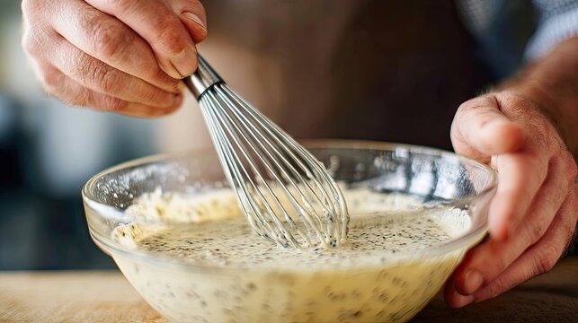 Whisking Batter in a Glass Bowl with a Handheld Whisk for Cooking or Baking