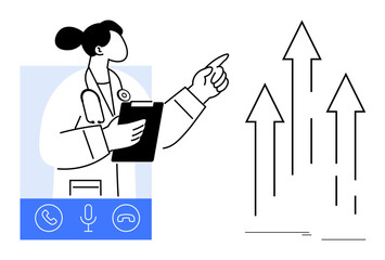 Doctor holding clipboard, gesturing towards upward arrows representing growth and progress, framed by virtual consultation tools. Ideal for telemedicine, medical innovation, healthcare growth