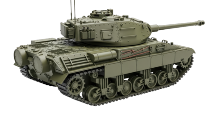 Olive Green Military Tank with Black Tracks and Detailed Exterior on a Transparent Background