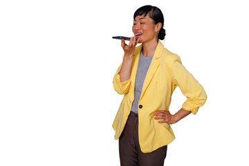 Obraz premium Professional asian woman recording voice message on smartphone, communicating remotely, transparent background