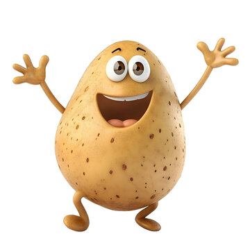 A happy cartoon potato character with arms and legs raised in excitement isolated on transparent background