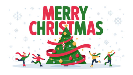 Festive Joy: A visual celebration of Christmas spirit with the words MERRY CHRISTMAS displayed above a decorated Christmas tree, encircled by happy figures.