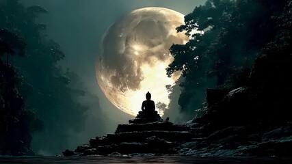Serene Buddha Silhouette Meditating Under Giant Full Moon in Misty Mountains.