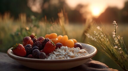 A healthy breakfast bowl of oatmeal with fresh berries fruit and grains in a rustic outdoor setting during golden hour