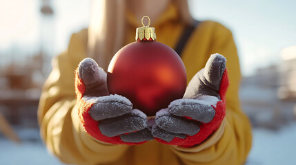 Red holiday ornament held in gloved hands outdoors on a sunny day. Preparing for seasonal decorations, spreading holiday cheer. Festive tradition, winter celebration.