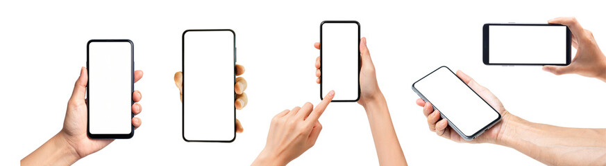 PNG image of Hands holding various smartphones with blank screens for app promotion or mobile...