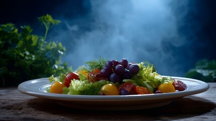 Vibrant Salad with Grapes and Tomatoes on Rustic Plate Dramatic Smoky Atmosphere