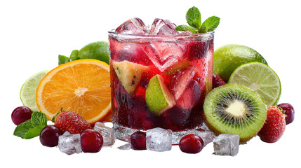 Fresh Fruit Cocktail with Ice, Vibrant Mixed Drink with Citrus, Berries and Kiwi, Isolated
