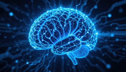 Vibrant blue neural network of a glowing brain symbolizes artificial intelligence, cognitive function, and innovative technology breakthroughs in a futuristic digital space.