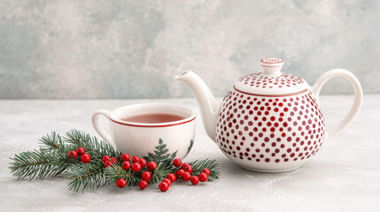 Christmas tea set with red polka dot teapot cup and festive pine branch create cozy holiday atmosphere on light background