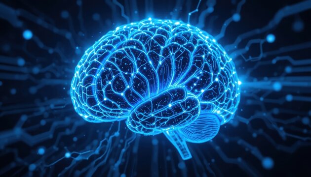 Vibrant blue neural network of a glowing brain symbolizes artificial intelligence, cognitive function, and innovative technology breakthroughs in a futuristic digital space. - Powered by Adobe
