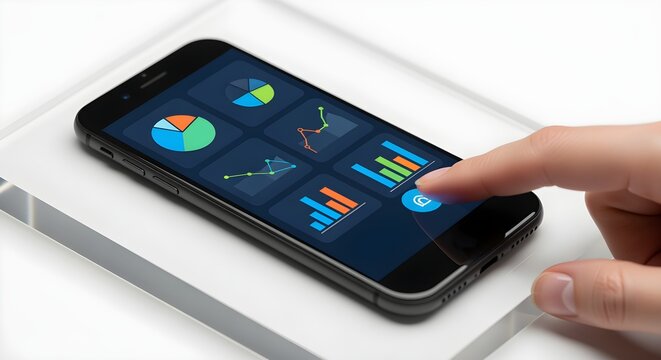 Interactive Mobile Data Analytics Hand Tapping on a Smartphone Displaying Dynamic Business Charts and Financial Graphs for Modern Management