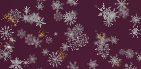 Christmas snowflakes abstract background in burgundy color. Winter design elements with falling...