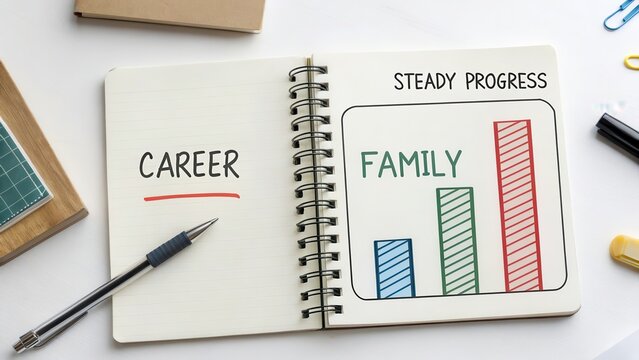 A notebook showing career and family progress charts