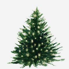 Fototapeta premium A beautifully decorated evergreen christmas tree with white lights against a clean white background