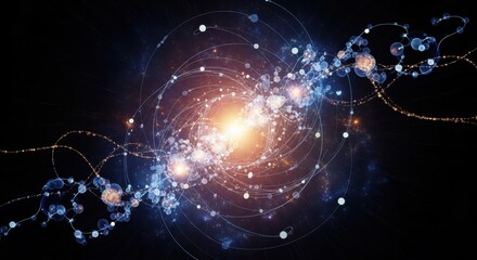 Dynamic swirling abstract network of glowing particles and interconnected nodes, representing complex data flow and futuristic technology in a dark cosmic expanse.