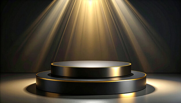 Elegant black and gold two-tiered podium on a dark stage illuminated by a dramatic golden spotlight from above. Empty product display stand for showcasing luxury items, awards, or presentations.