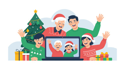 Virtual Festive Family Reunion: a heartwarming scene of a family enjoying a video call during the holiday season. The image captures the joy and connection shared across distances.