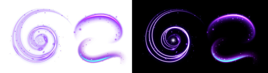 PNG image of Luminous purple spirals and curves with glowing particles create a magical and ethereal effect perfect for graphic design and creative projects on transparent background