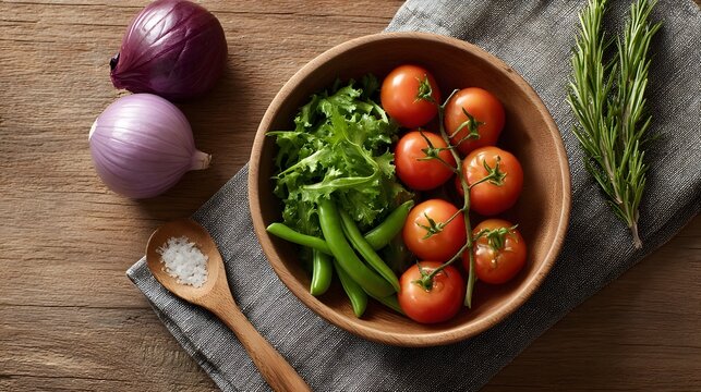 A rustic overhead view of fresh organic ingredients including cherry tomatoes peas greens onions rosemary and salt - Powered by Adobe