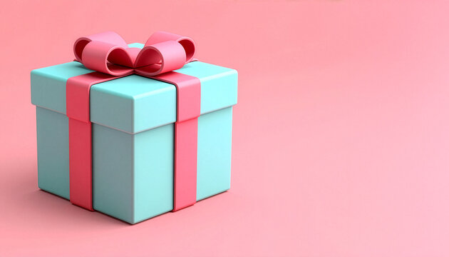 3D render of a single teal gift box with a pink ribbon and bow, isolated on a pastel pink background. Minimalist design for holidays, birthdays, or celebrations with ample copy space.