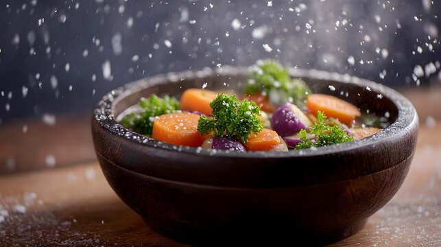 A steaming bowl of rustic vegetables garnished with parsley with white particles falling around it - Powered by Adobe